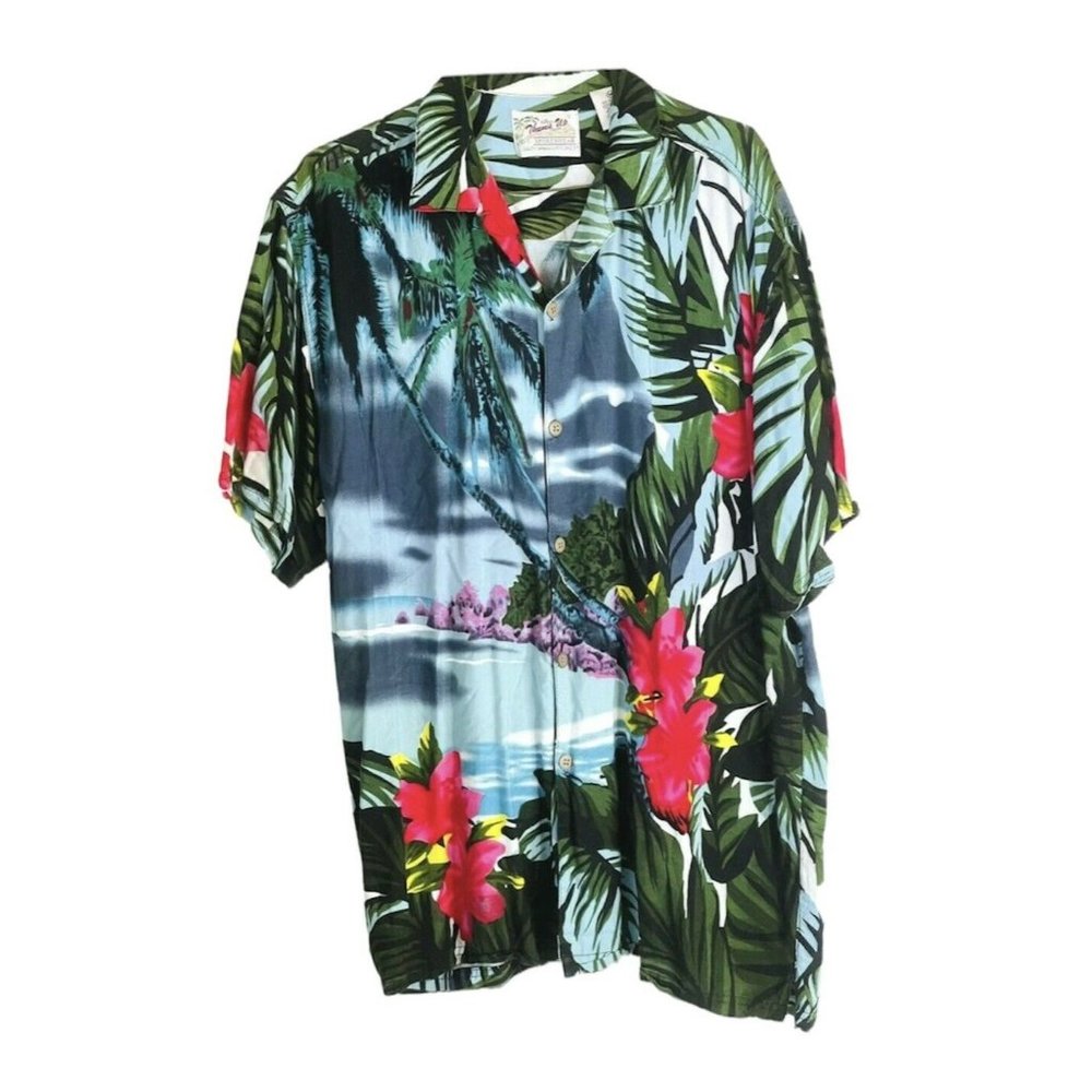 Men’s Hawaiian Shirt Thums Up for Him Vintage Hibiscus & Island Palms Rayon M